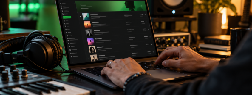 Laptop mit Playlist-Ansicht und Musiker am Mischpult in einem modernen Musikstudio
